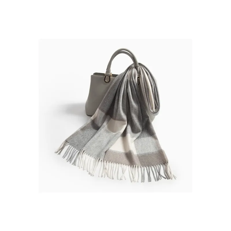 Shanghai Story 100% Cashmere Knit Scarves Unisex Beige And Orange Check Gift Box Set-62