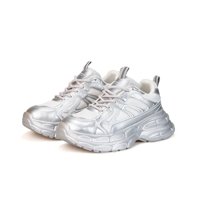Joy&Mario Height Increasing Slip-Resistant Low-Top Chunky Sneakers Women's Silver-1
