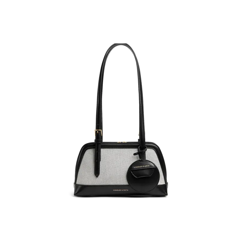CHARLES&KEITH PU, Textile Mixture Shoulder Bag Medium Size Women's Chocolate/Black-5