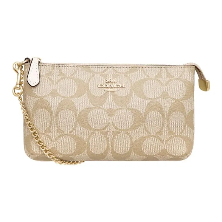 COACH Wristlet Canvas With Leather Pochette Crossbody Bag, Wristlet Handbag, Clutch Tubas Women's Khaki-1