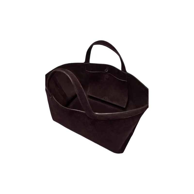 ZARA Cow Leather Tote Bag, Shopping Bag, Handbag Women's Dark Brown-4