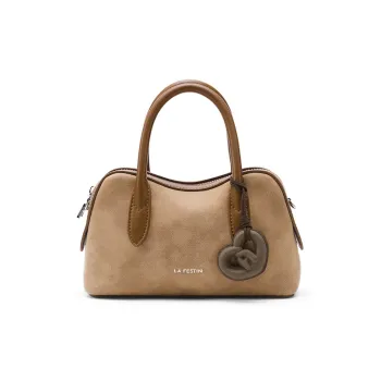 LA FESTIN Top Grain Cow Leather Boston Bag Shoulder Bag Crossbody Bag Handbag Small Size Women's Sandy Brown/Moss Green