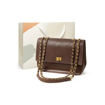 15 MINS Cow Leather Small Square Bag Chain Bag Shoulder Bag Crossbody Bag Regular Women's Coffee