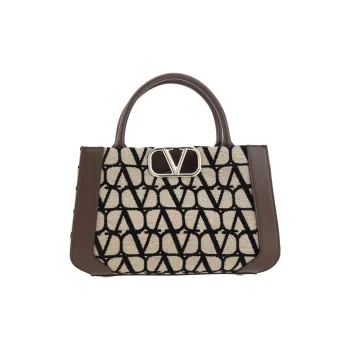 Valentino Locò Cotton Shoulder Bag, Crossbody Bag, Handbag Women's Brown & Beige