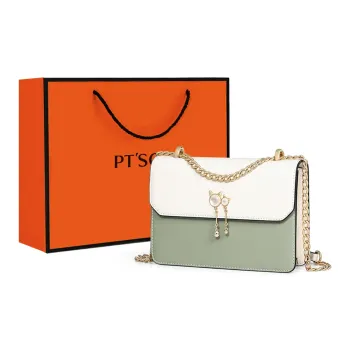 PT'SON Cow Leather Small Square Bag Shoulder Bag Crossbody Bag Regular Women's Matcha Green/White