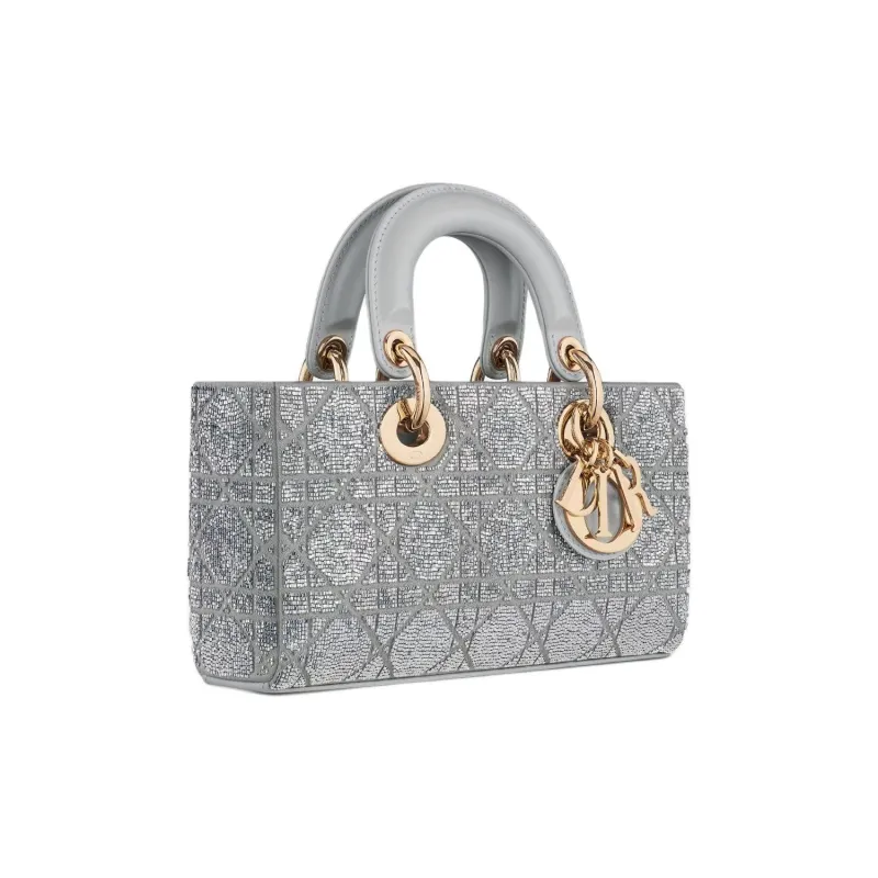DIOR Lady D JOY Cotton With Silk And Glass Dior Bag Shoulder Bag Crossbody Bag Handbag Small Size Women's Metal Silver-3