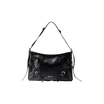 AQUASCUTUM Fine Wrinkled Cow Leather Crossbody Bag Medium Size Women's Black