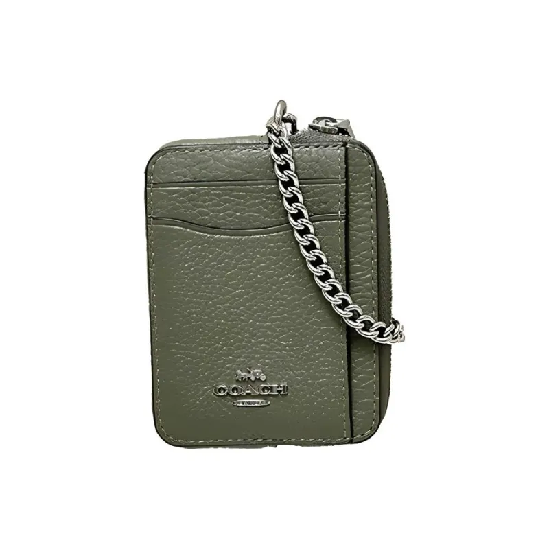 COACH Card Case Pebbled Leather Wallets Card Holders Women's Olive Green-1