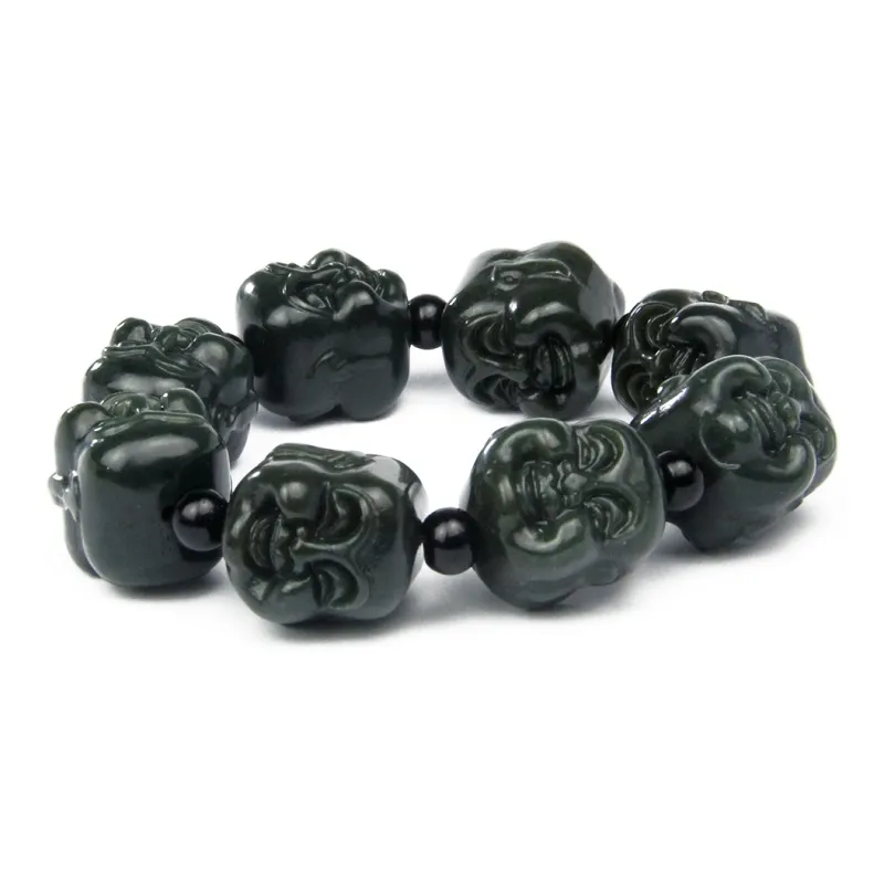 Renyu Jewelry New Chinese Style Maitreya Buddha # Good Luck Beaded Bracelet Green Jade Unisex-1