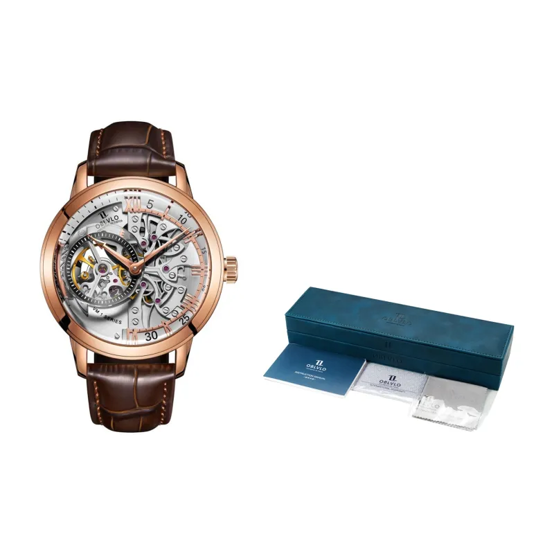 OBLVLO Automatic Mechanical Movement Genuine Leather Strap Watch Men's Watches Black Dial-10