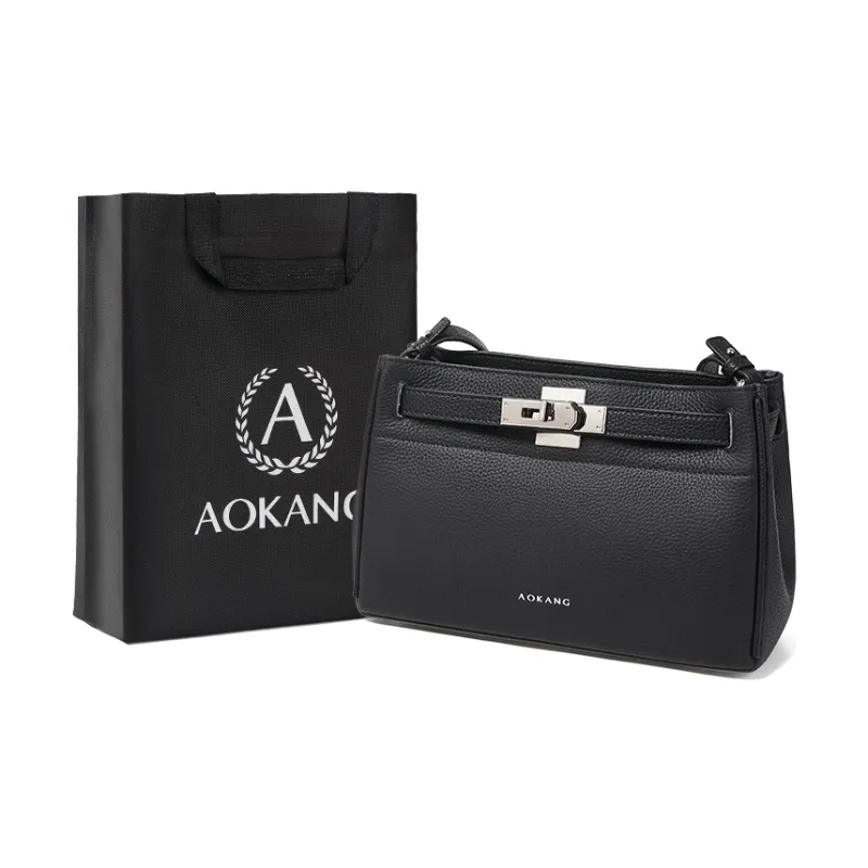 AOKANG Cow Leather Kelly Bag Shoulder Bag Medium Size Women's Elephant Gray/Classic Black-5