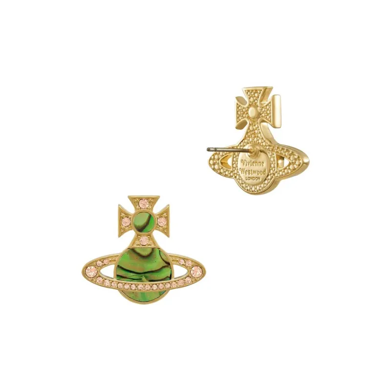 Vivienne Westwood Mother Of Pearl Saturn Shaped Stud Earrings Women's Gold/Emerald Green-1
