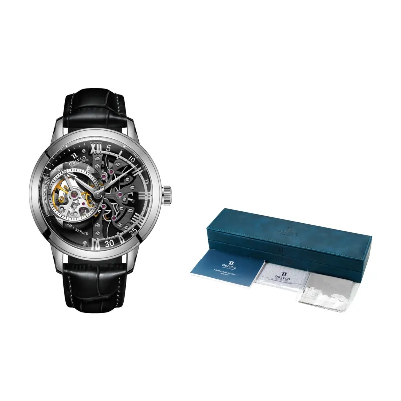 OBLVLO Automatic Mechanical Movement Genuine Leather Strap Watch Men's Watches Black Dial-24
