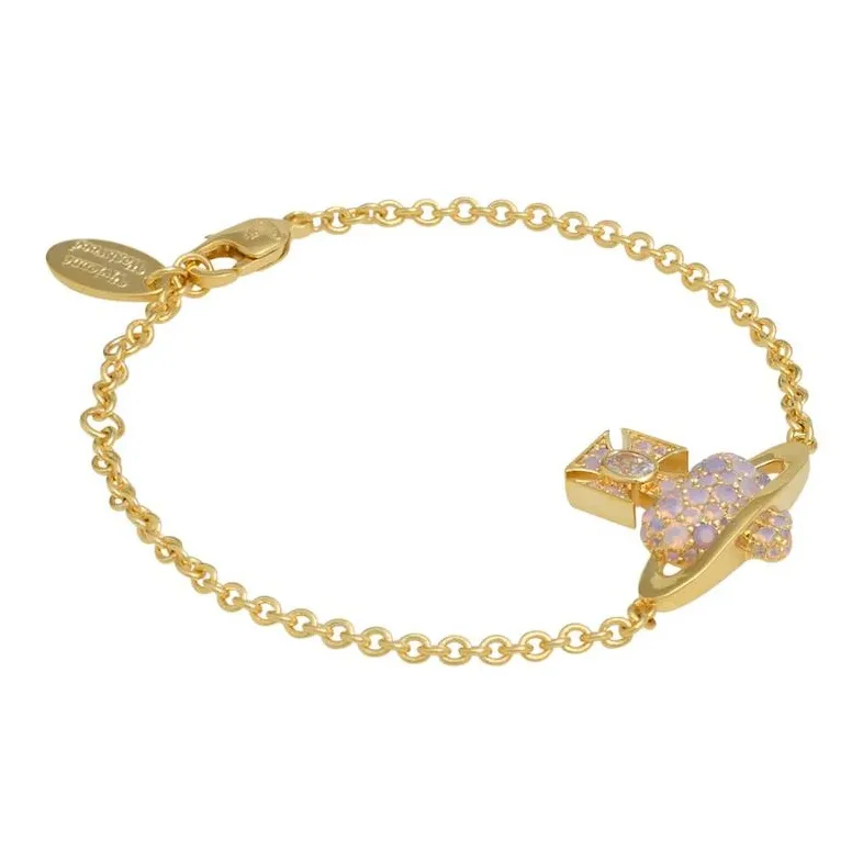 Vivienne Westwood Cubic Zircon Pave Diamond Accoutrement 3D Effect Heart Saturn Logo Bracelet Women's Gold-1