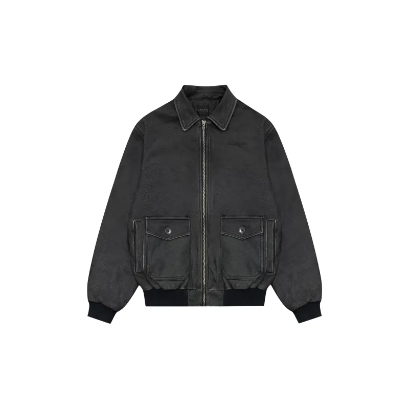 False Perception Leather Jacket Unisex Washed Black-2
