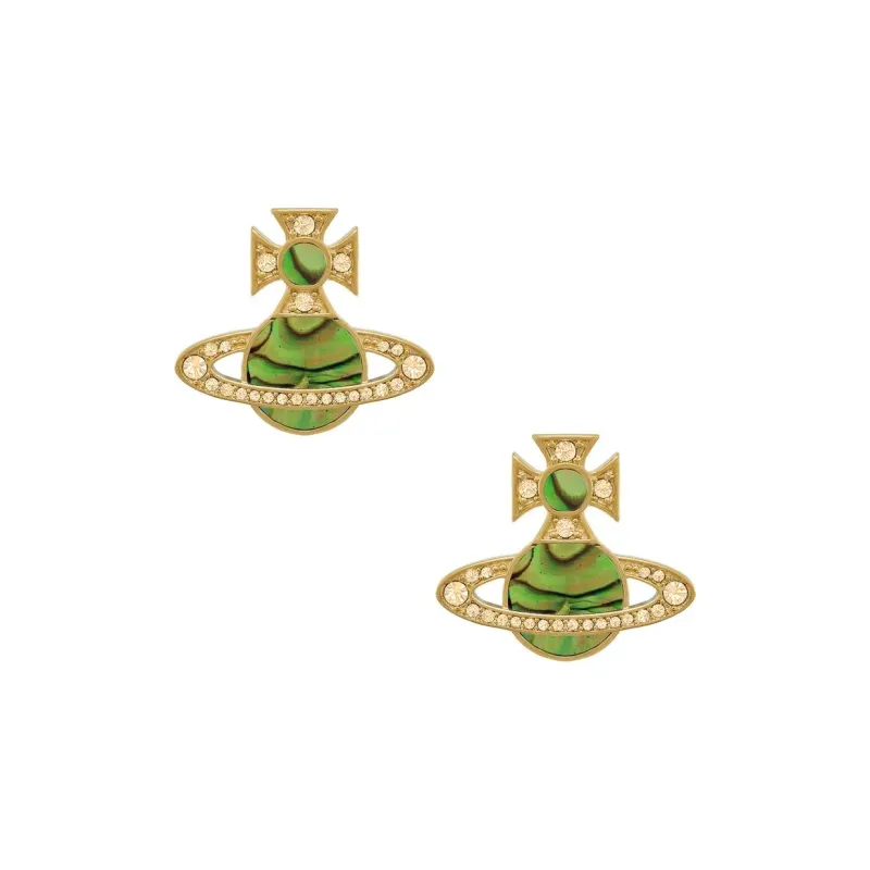 Vivienne Westwood Mother Of Pearl Saturn Shaped Stud Earrings Women's Gold/Emerald Green-0
