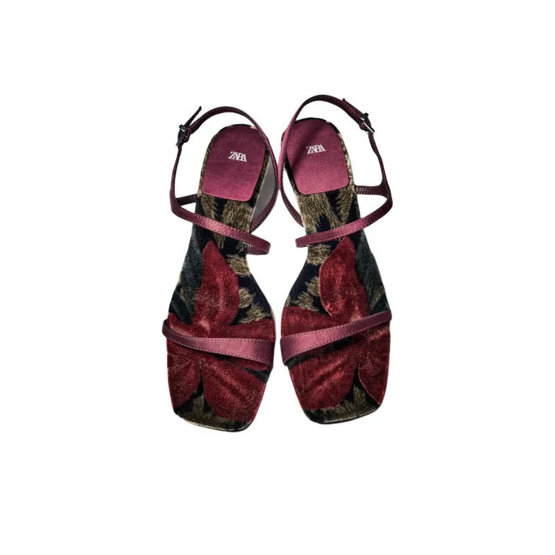 ZARA Strap Sandals 6cm Women's Dark Red-3