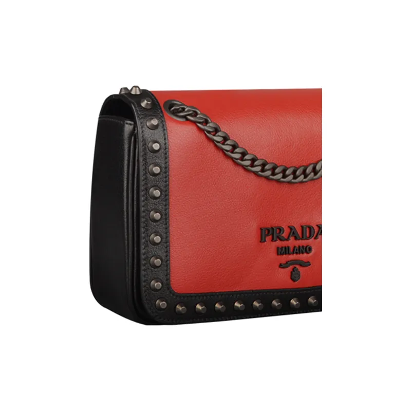 PRADA Leather Small Square Bag Crossbody Bag Shoulder Bag Women's Red & Black-5