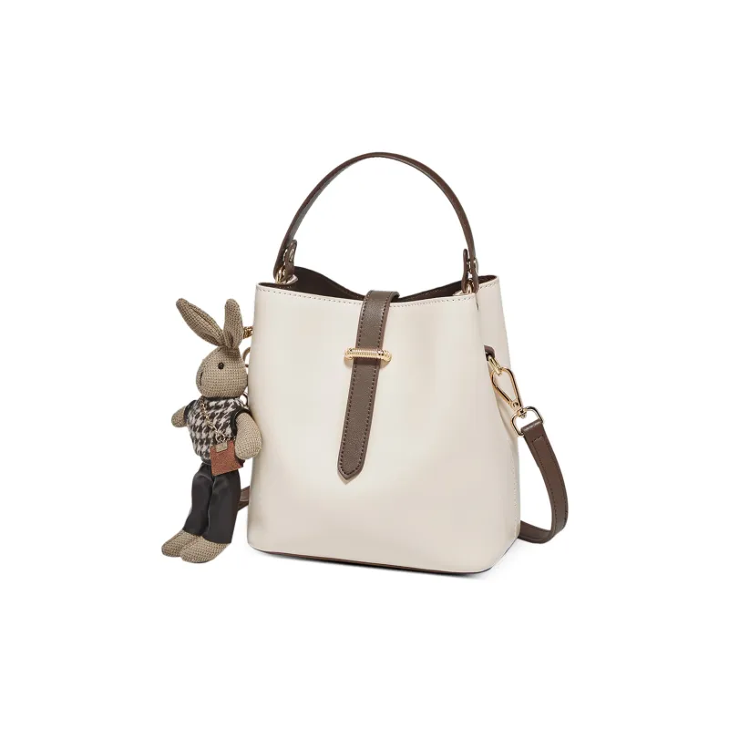 Marino Orlandi Cow Split Leather Shoulder Bag, Basket Bag, Bucket Bag, One Shoulder Handbag Women's White/Coffee-1