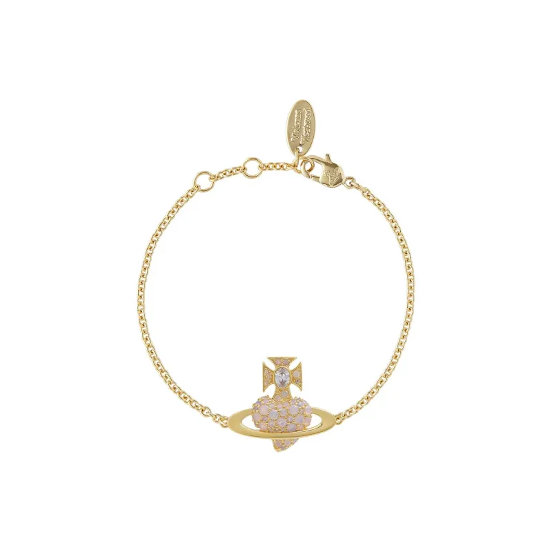 Vivienne Westwood Cubic Zircon Pave Diamond Accoutrement 3D Effect Heart Saturn Logo Bracelet Women's Gold-0