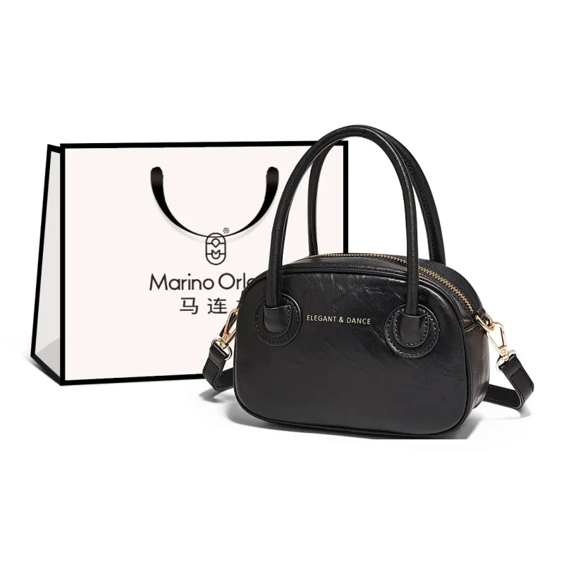 Marino Orlandi Hand-Woven Grain Cow Leather Shoulder Bag Portable Handheld Small Bag Regular Women's Black/Ecru-7
