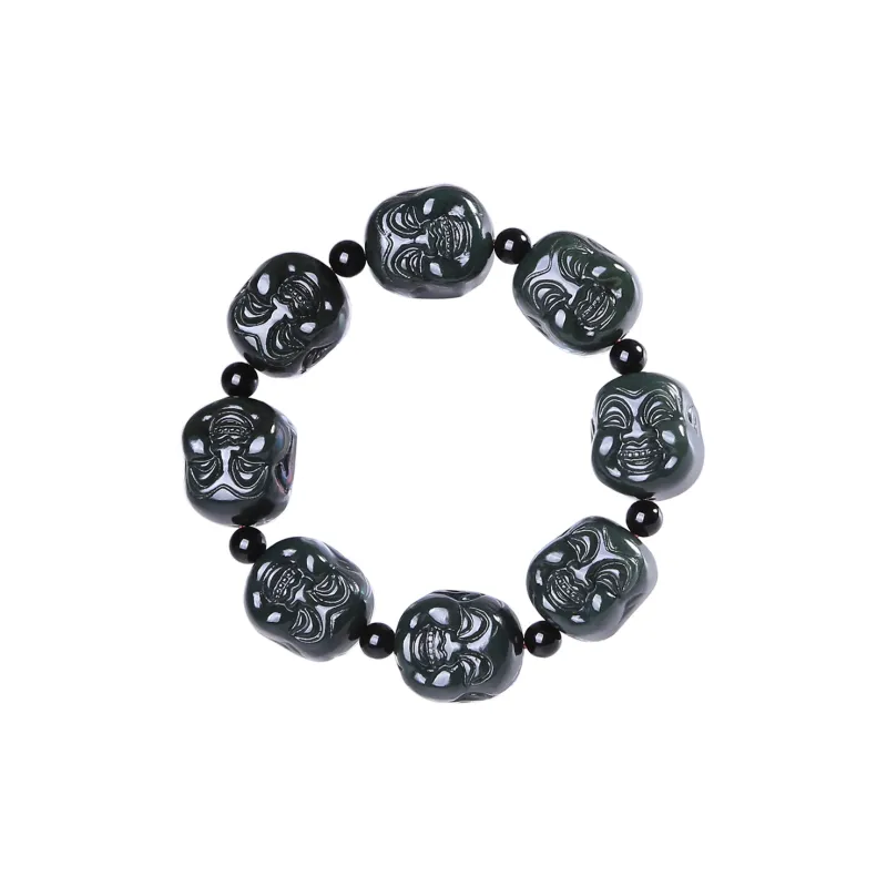 Renyu Jewelry New Chinese Style Maitreya Buddha # Good Luck Beaded Bracelet Green Jade Unisex-0