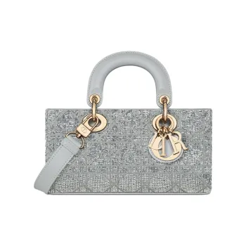 DIOR Lady D JOY Cotton With Silk And Glass Dior Bag Shoulder Bag Crossbody Bag Handbag Small Size Women's Metal Silver