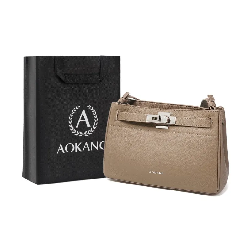 AOKANG Cow Leather Kelly Bag Shoulder Bag Medium Size Women's Elephant Gray/Classic Black-0