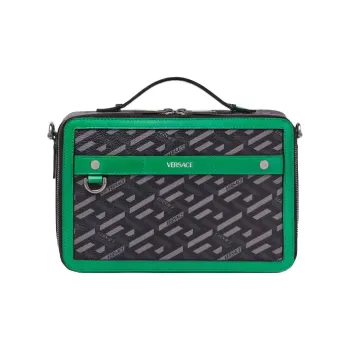 VERSACE Leather Trim Messenger Bag Box Bag Shoulder Bag Crossbody Bag Men's Green