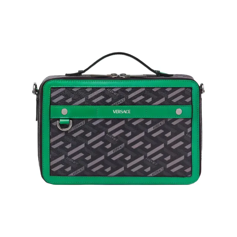 VERSACE Leather Trim Messenger Bag Box Bag Shoulder Bag Crossbody Bag Men's Green-0