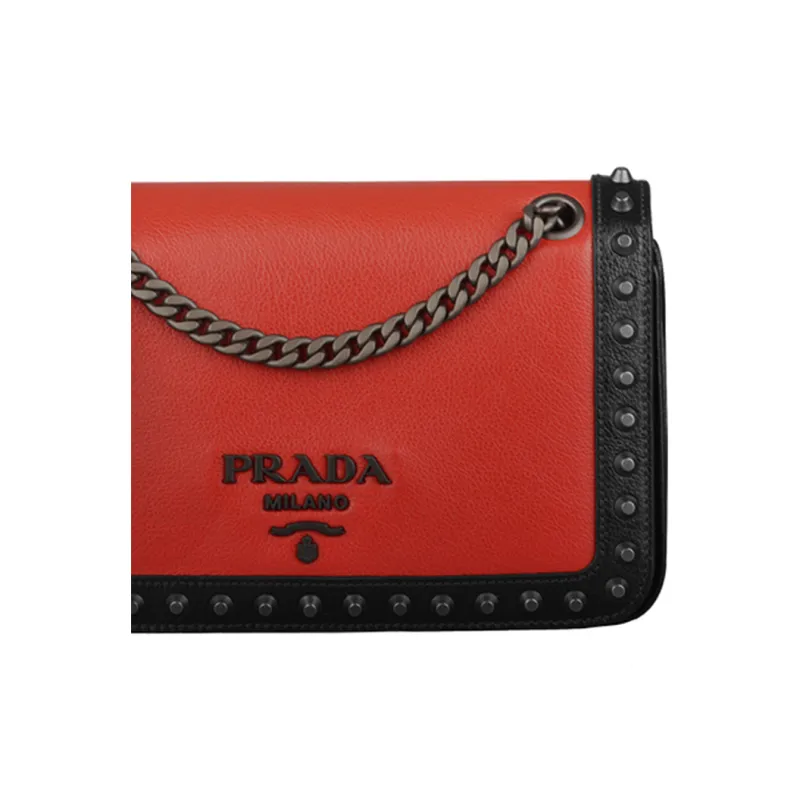 PRADA Leather Small Square Bag Crossbody Bag Shoulder Bag Women's Red & Black-4