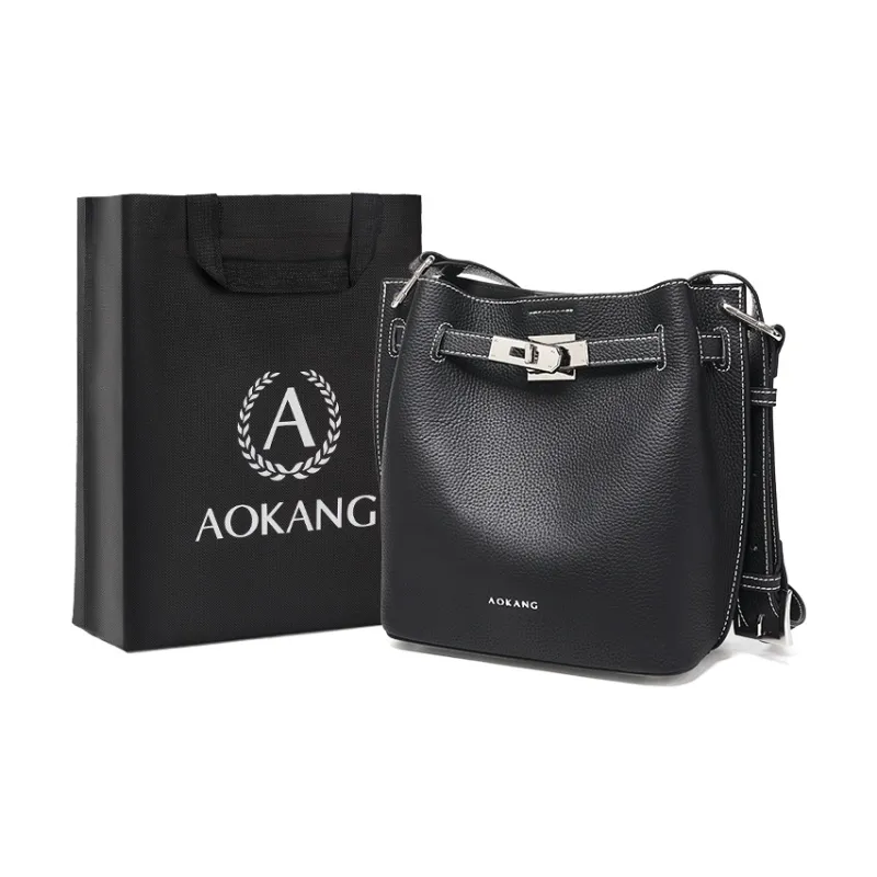 AOKANG Top Grain Cow Leather Bucket Bag Shoulder Bag Crossbody Bag Shoulder Bag Women's Elephant Gray/Classic Black-5