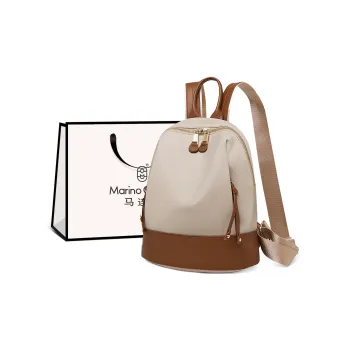 Marino Orlandi Fabric With Leather Patchwork Nylon Fabric Backpack Medium Size Women's Black/Khaki/Apricot