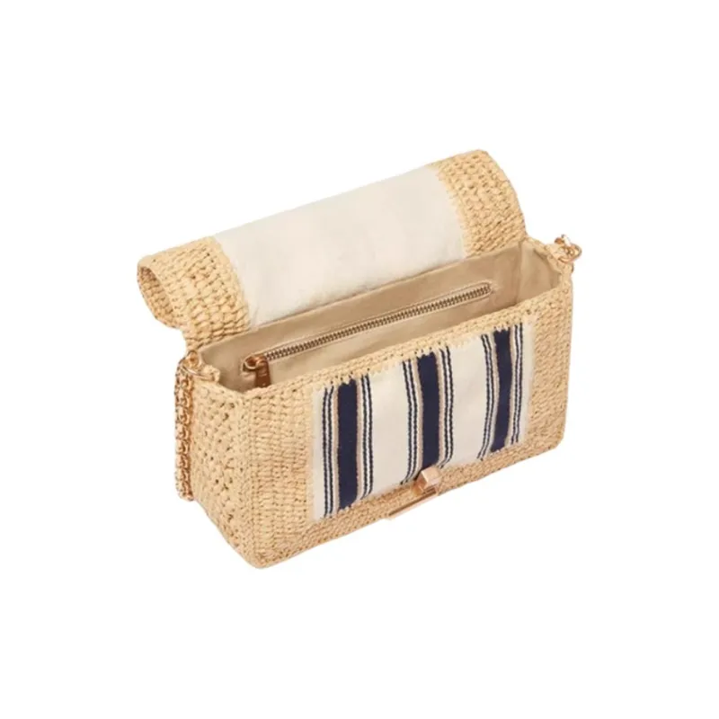 Vanessa Bruno Raffia Shoulder Bag Small Size Women's Marine Blue & Cream-2