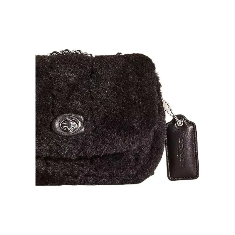 COACH Pillow Shearling Bonded Leather Pillow Bag Handbag Shoulder Bag Small Size Women's Silver & Black-2