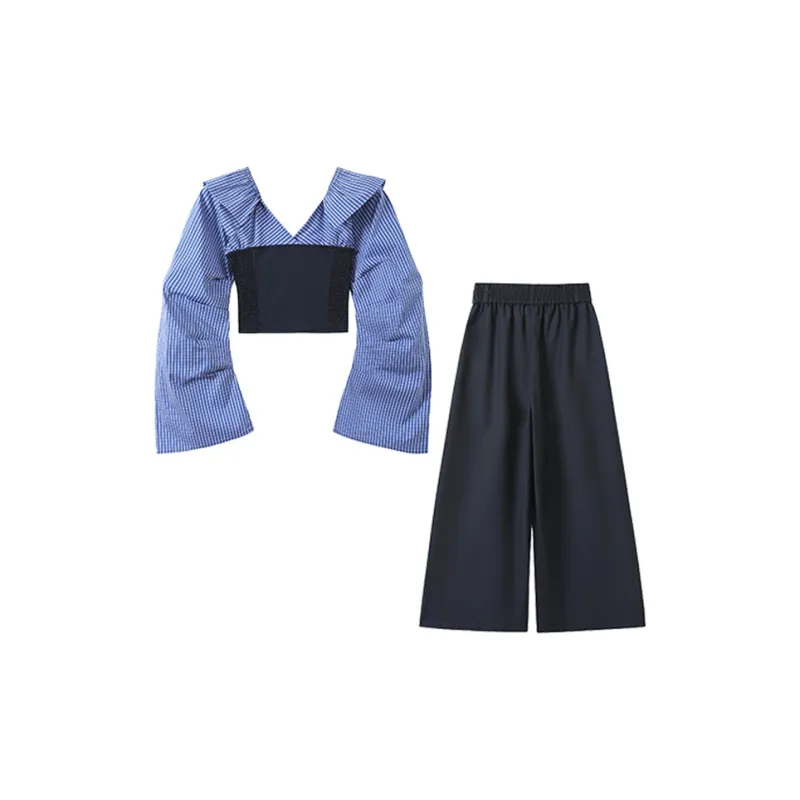IQC Casual Suit Women's Blue White Top+Navy Blue Pants Two Piece Set Clothing Sets-1