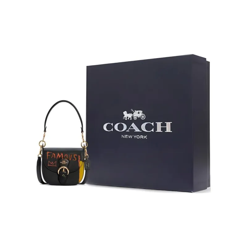 COACH X Jean Michel Basquiat Kleo Leather Saddle Bag, One Shoulder Handbag, Crossbody Bag Trumpets Women's Black-3