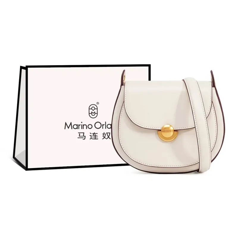 Marino Orlandi Split Cow Leather With Synthetic Leather Saddle Bag, Crossbody Bag, Shoulder Bag Women's White/Coffee-9