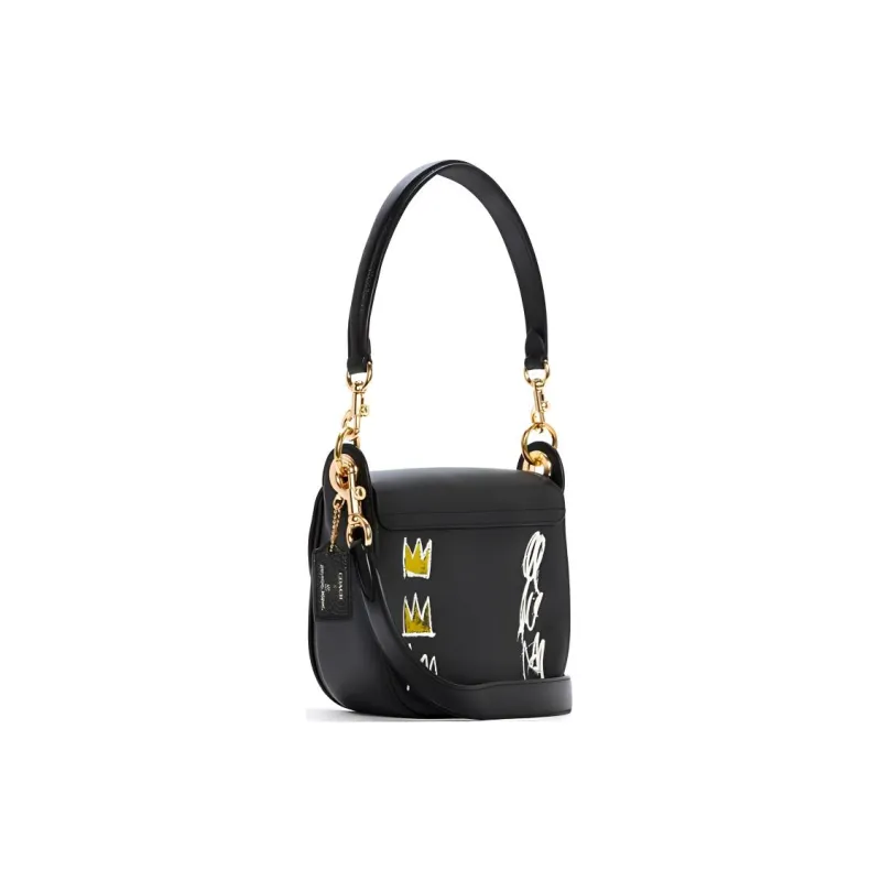 COACH X Jean Michel Basquiat Kleo Leather Saddle Bag, One Shoulder Handbag, Crossbody Bag Trumpets Women's Black-1