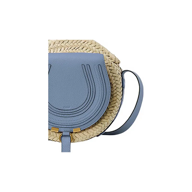 Chloe Marcie Raffia Fiber With Calfskin Shoulder Bag, Crossbody Bag Women's Blue-4