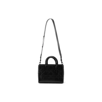 DIOR Pleated Cow Leather Shoulder Bag Crossbody Bag Handbag Medium Size Women's Black