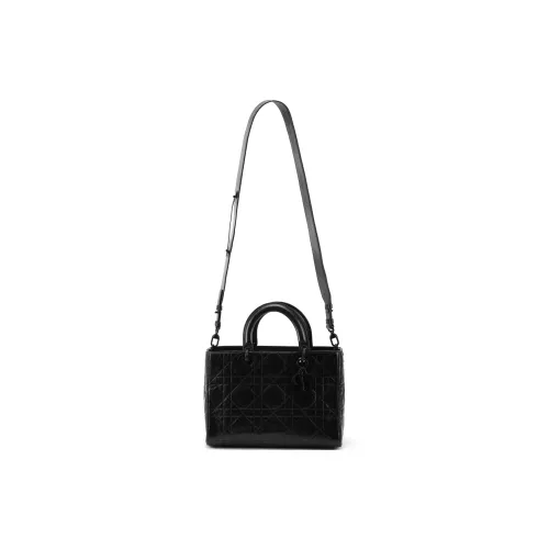 DIOR Pleated Cow Leather Shoulder Bag Crossbody Bag Handbag Medium Size Women's Black