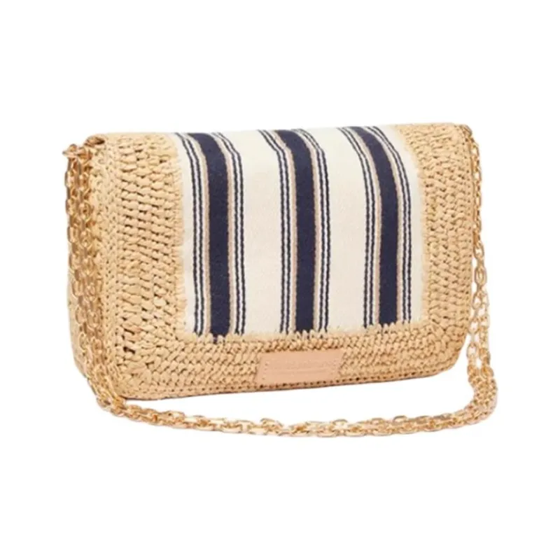 Vanessa Bruno Raffia Shoulder Bag Small Size Women's Marine Blue & Cream-1