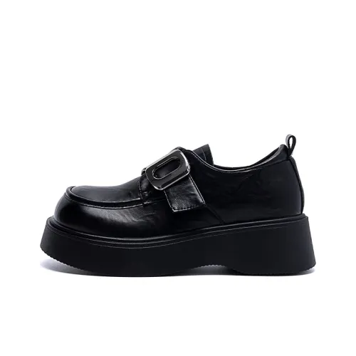 EXULL Q Platform Small Leather Shoes Loafers 4.5CM Women's Black