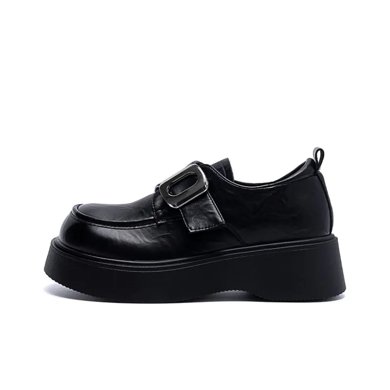 EXULL Q Platform Small Leather Shoes Loafers 4.5CM Women's Black-0