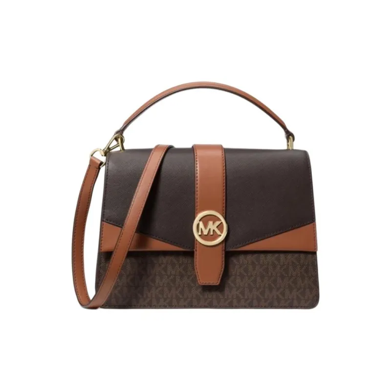 MICHAEL KORS Greenwich Artificial Leather One Shoulder Handbag Medium Size Women's Dark Brown & Black & Leather Brown-0