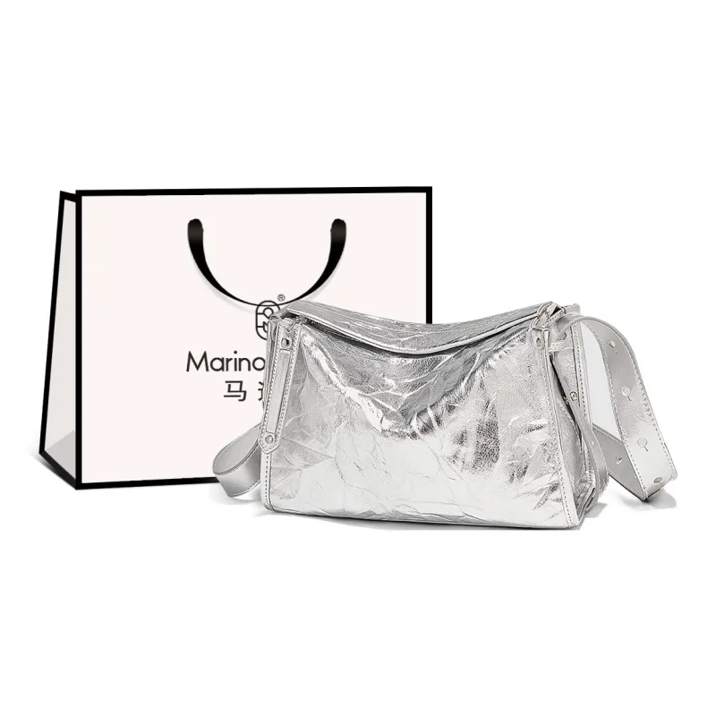 Marino Orlandi Cow Leather Bonded Synthetic Leather Crossbody Bag Large Size Women's Silver/Milkshake White/Black-0