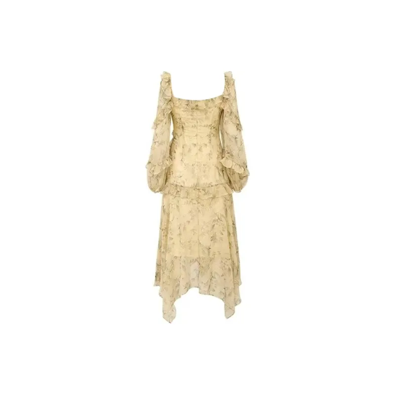 KKX Long-Sleeved Dresses Women's Apricot Printed Skirt-1