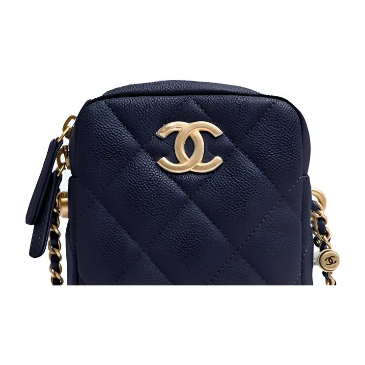 CHANEL 21K Winter Grain Embossed Calfskin Cell Phone Pouch, Box Bag, Shoulder Bag, Crossbody Bag Women's Marine Blue-1