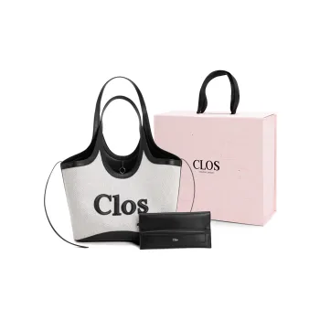 Clos Cow Leather Shoulder Bag Large Size Women's Canvas Black, Canvas Brown